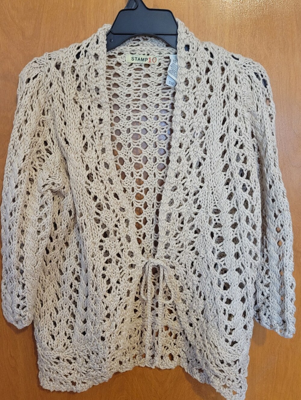 Vtg. Stamp 10 Beige Open-Knit Tie-Front Cardigan Sweater, Size XL
